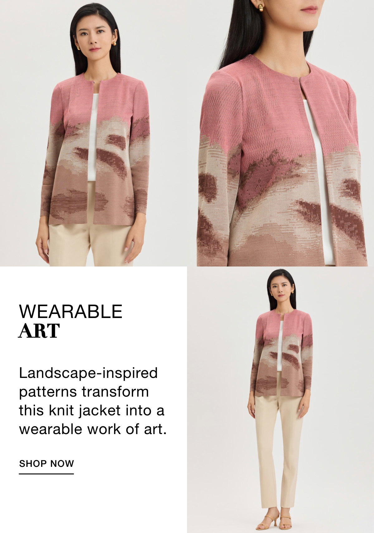 WEARABLE ART - Landscape-inspired patterns transform this knit jacket into a wearable work of art. SHOP NOW >>