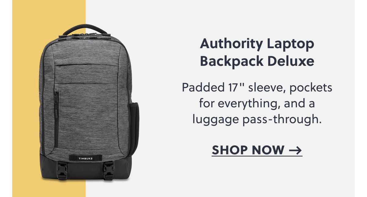 Authority Laptop Backpack Deluxe | Padded 17" sleeve, pockets for everything, and a luggage pass-through. Shop now →
