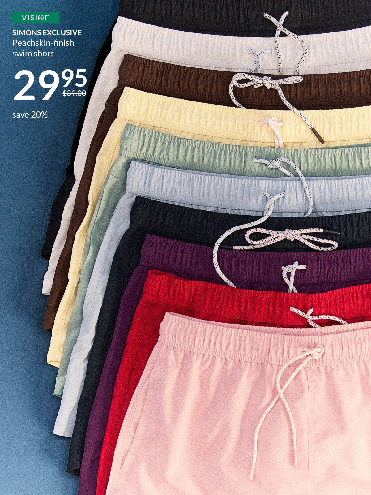 The peachskin-finish swim short, available in numerous colours, Simons exclusive, at $29.95, previously $39.00