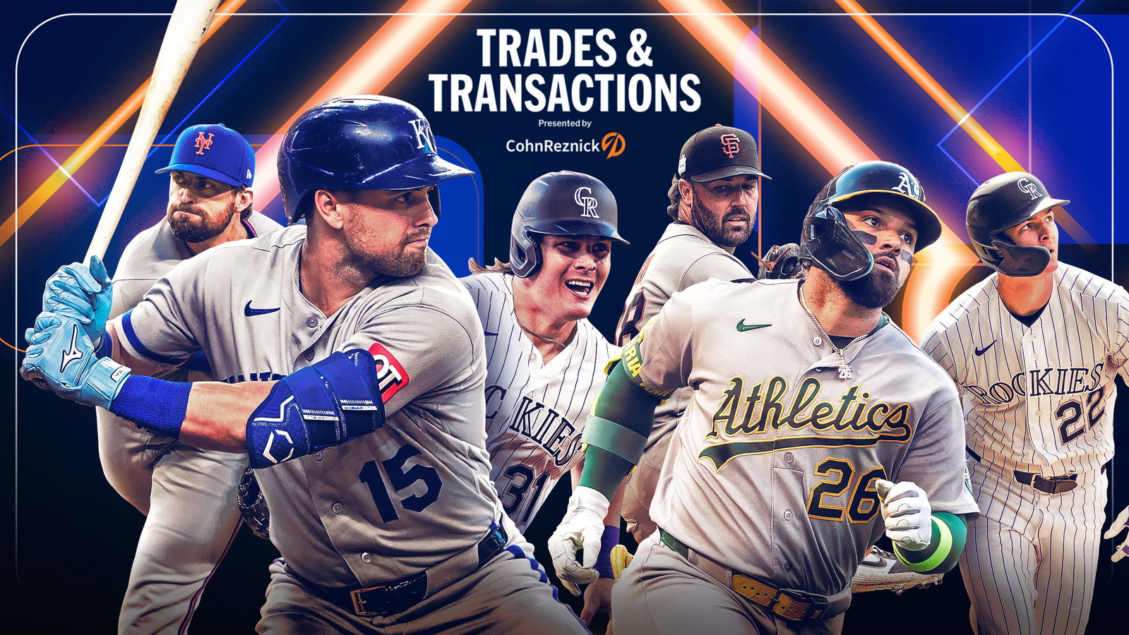 A graphic showing Clay Holmes, Lane Thomas, Jake McCarthy, Robbie Ray, Carlos Cortes and Mickey Moniak