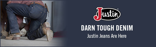 A man Wearing Justin Jeans. Justin Logo. Darn Tough Denim. Justin Jeans Are Here.