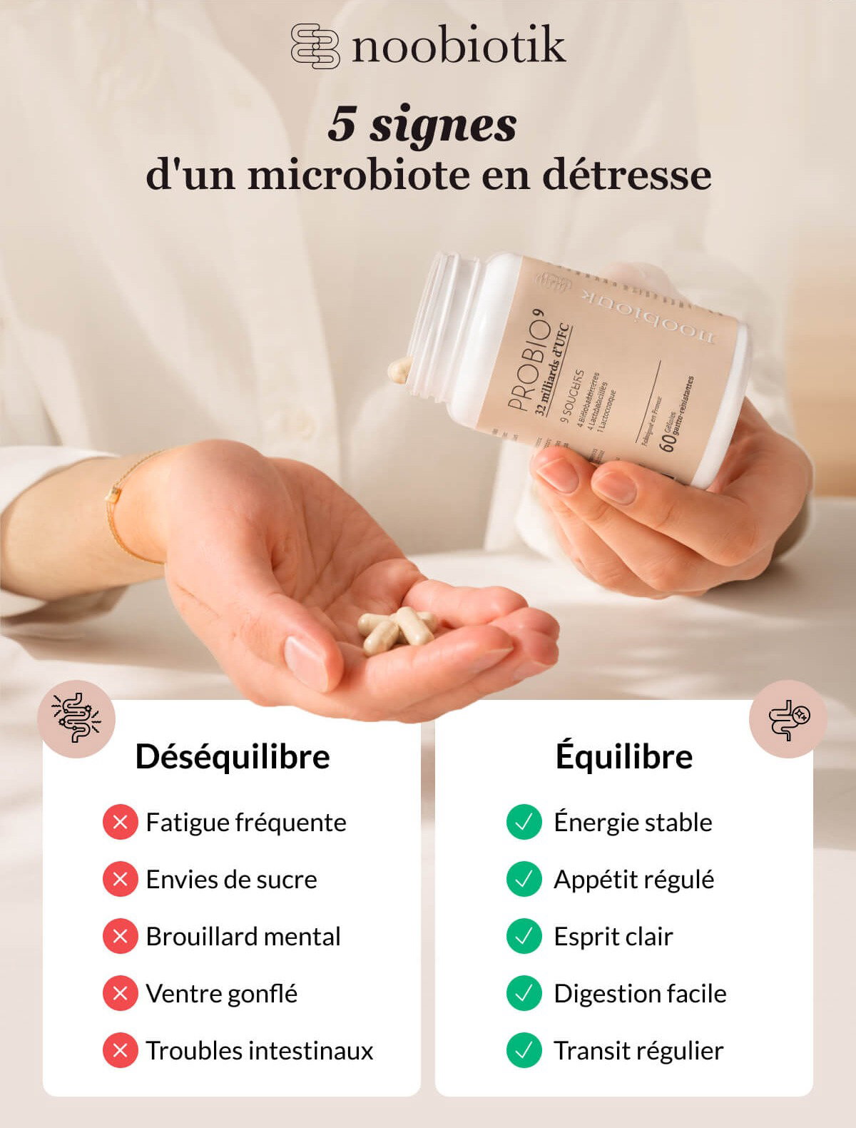 5 signes  d'un microbiote en détresse Déséquilibre Fatigue fréquente Envies de sucre Brouillard mental Ventre gonflé Troubles intestinaux vs Équilibre Énergie stable Appétit régulé Esprit clair Digestion facile Transit régulier