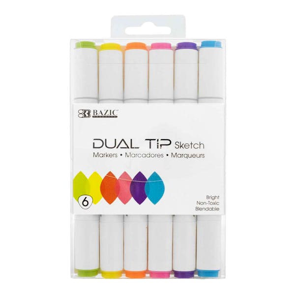 Dual Tip Fluorescent Markers - 6 Assorted Colors