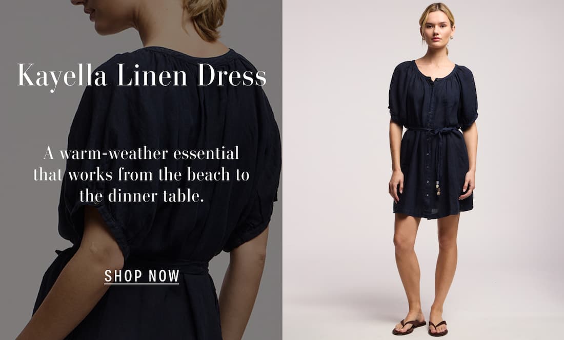 Image shows a model wearing the Kayella Top in Navy. Text reads: Kayella Linen Dress. A warm-weather essential that works from the beach to the dinner table.