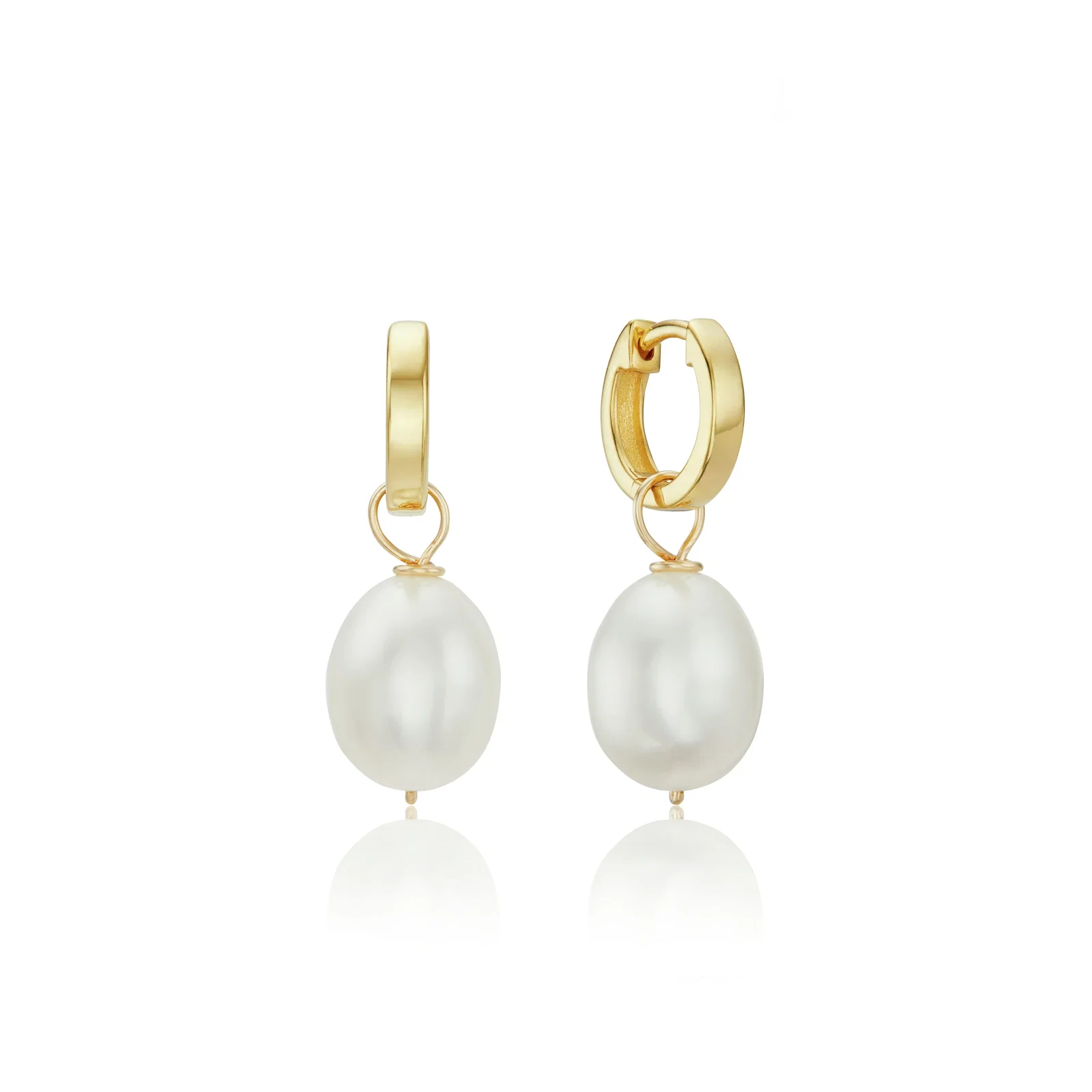 Image of Gold Plain Huggie Pearl Drop Hoop Earrings