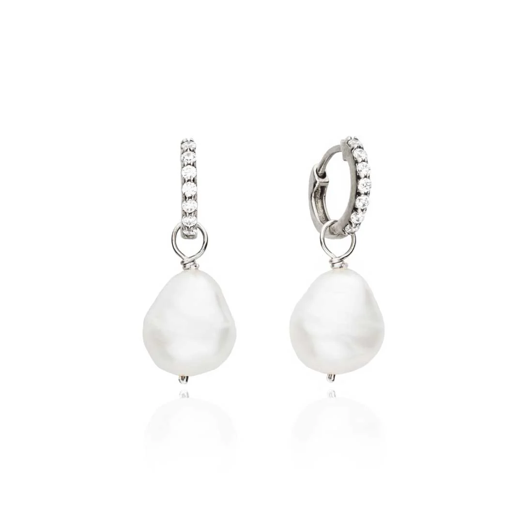 Image of Silver Huggie Pearl Drop Earrings