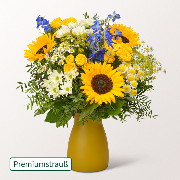 Mit regionalen Sonnenblumen: Premiumstrauß Sonnenglühen mit 2 Gratis-Geschenken für 57,99 €