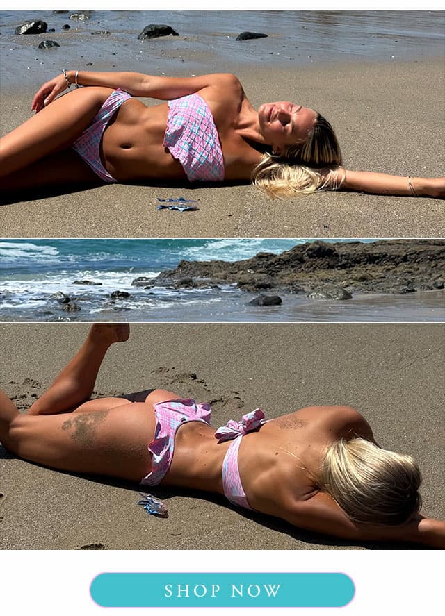 Model laying on the beach in a pink plaid bikini. Shop new. 