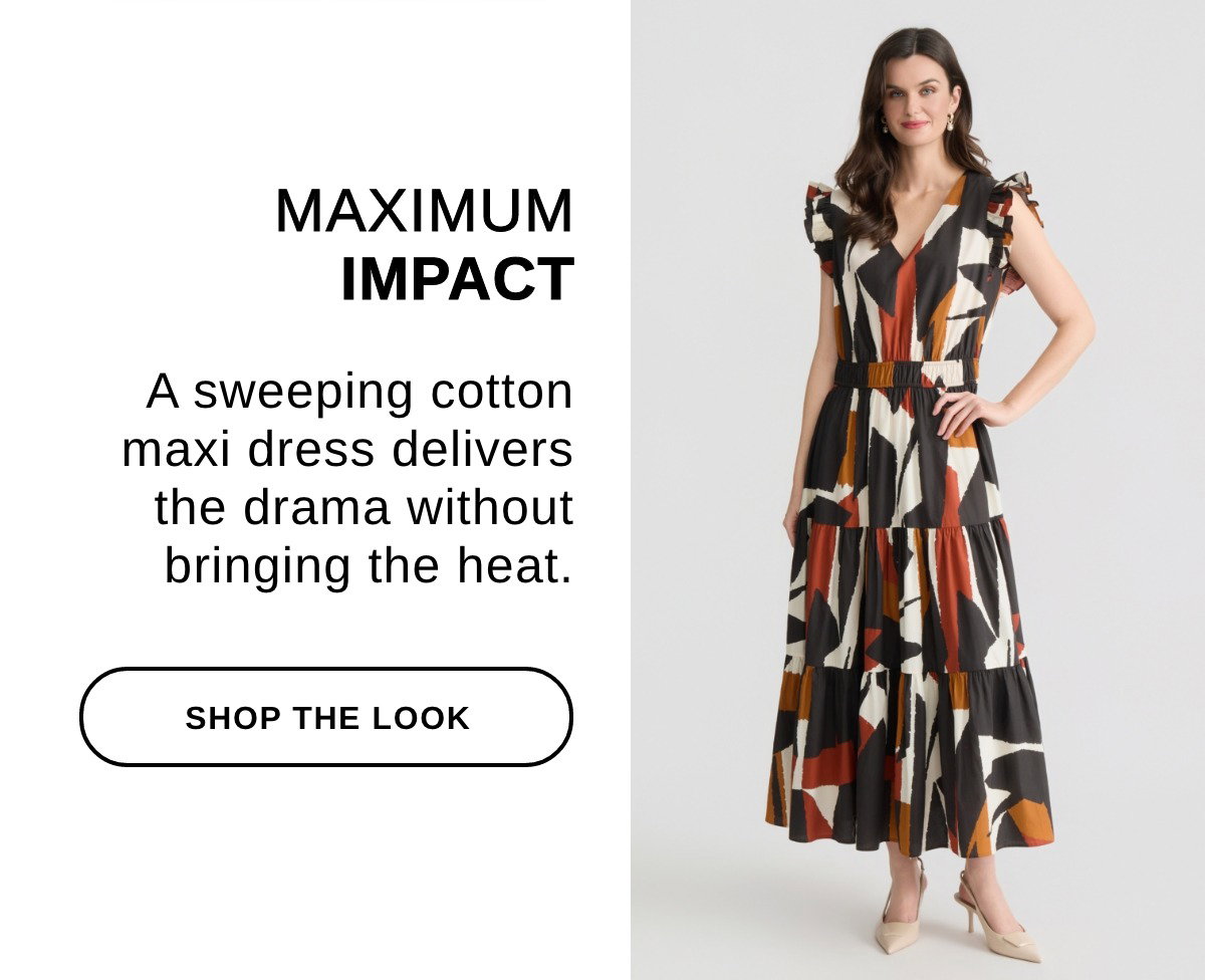 MAXIMUM IMPACT A sweeping cotton maxi dress delivers the drama without bringing the heat. - SHOP THE LOOK >>