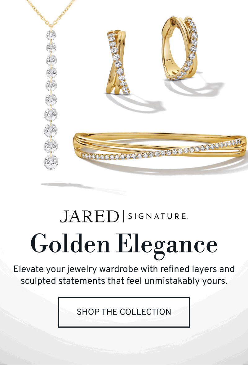 Various gold and diamond jewelry. Golden Elegance. Refined layers to elevated your wardrobe. Click to Shop The Collection