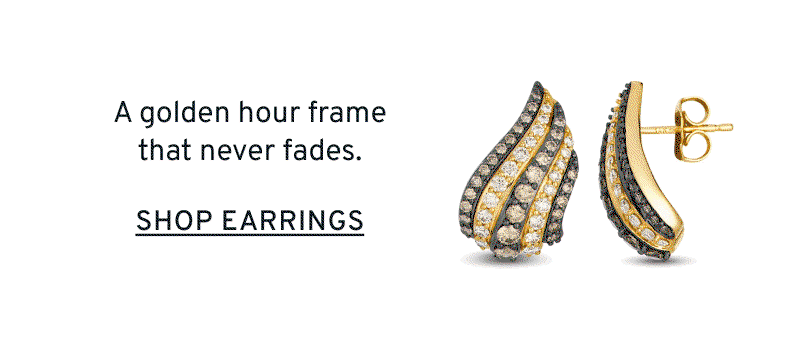 2 rotating frames of gold and diamond earrings. A golden hour frame that never fades. Click to Shop Earrings