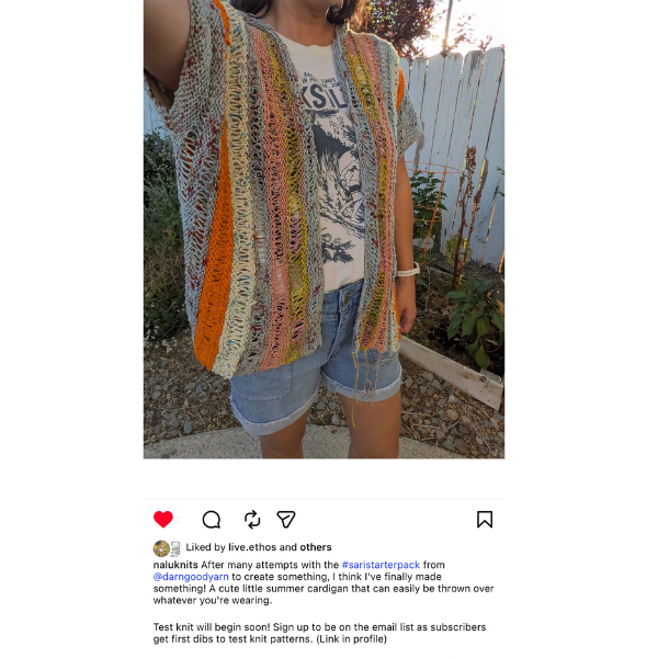 Julee of @naluknits wearing a summer cardigan she made from Darn Good Yarn recycled sari silk