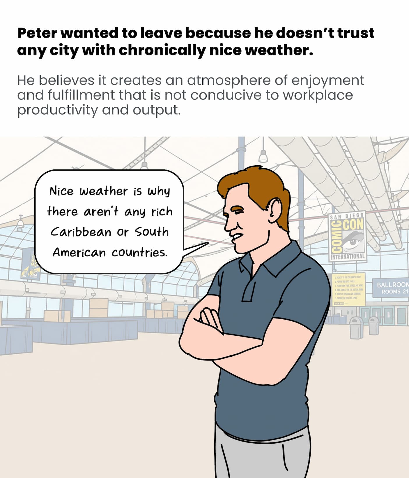 Peter doesn't trust cities with nice weather