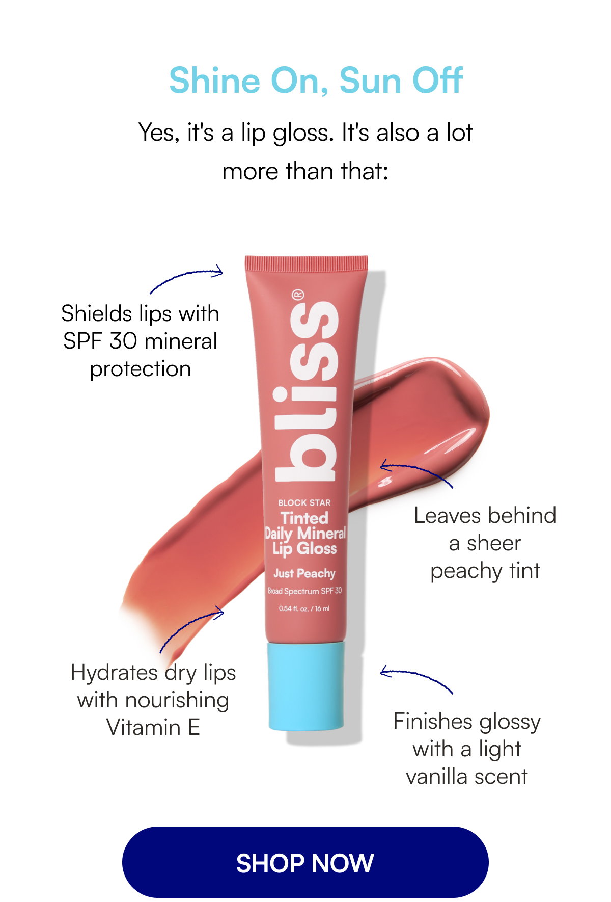 Shine On, Sun Off Yes, it's a lip gloss. It's also a lot more than that: Shields lips with SPF 30 mineral protection Leaves behind a sheer peachy tint Hydrates dry lips with nourishing Vitamin E Finishes glossy with a light vanilla scent