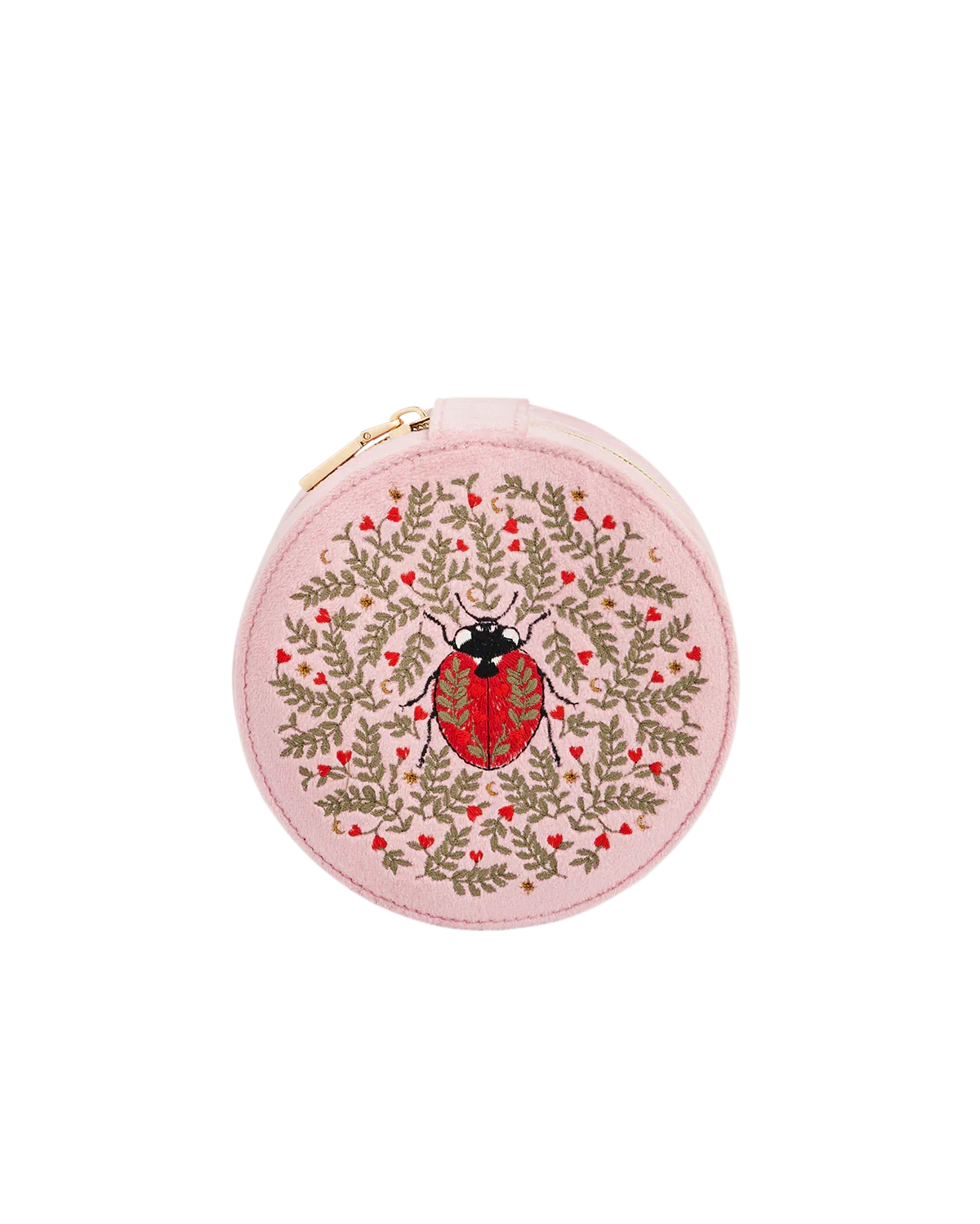 Image of Pink Ladybird Velvet Embroidered Circle Jewellery Box