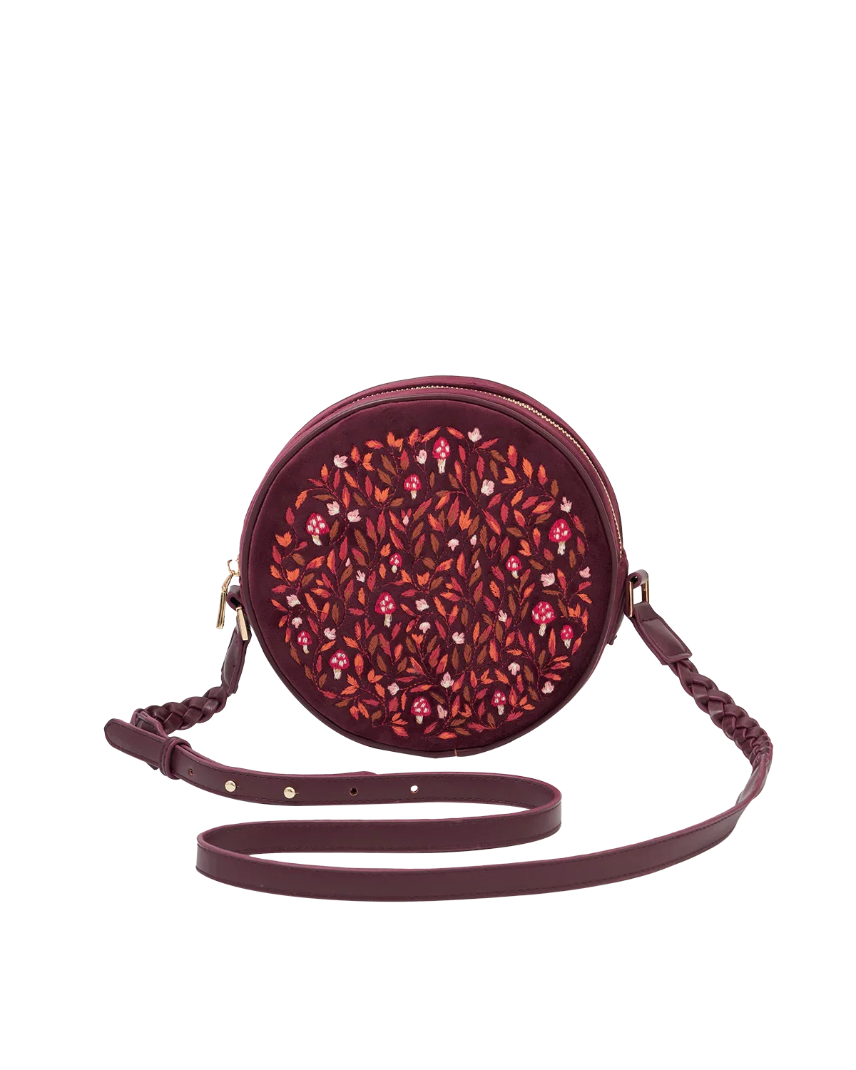 Image of Magical Mushroom Embroidered Burgundy Velvet Circle Bag