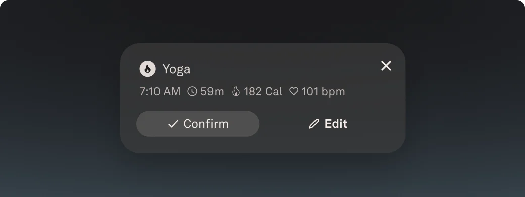 Oura app card for a Yoga session at 7:10 AM, 59 minutes, 182 calories, 101 bpm, with Confirm and Edit options
