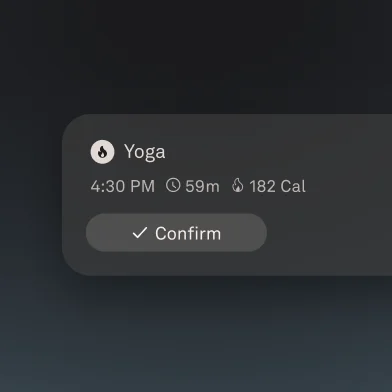 Oura app card for a Yoga session at 7:10 AM, 59 minutes, 182 calories, 101 bpm, with Confirm and Edit options