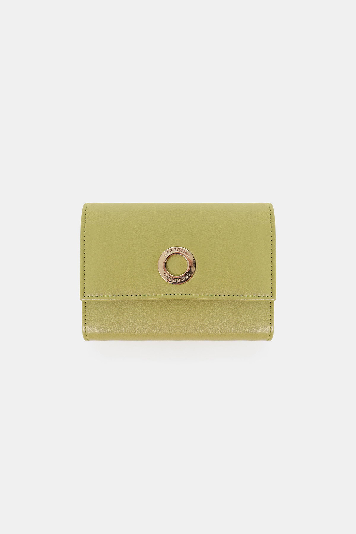 Apple-green compact leather wallet with gold circular clasp, trifold design centred on white background