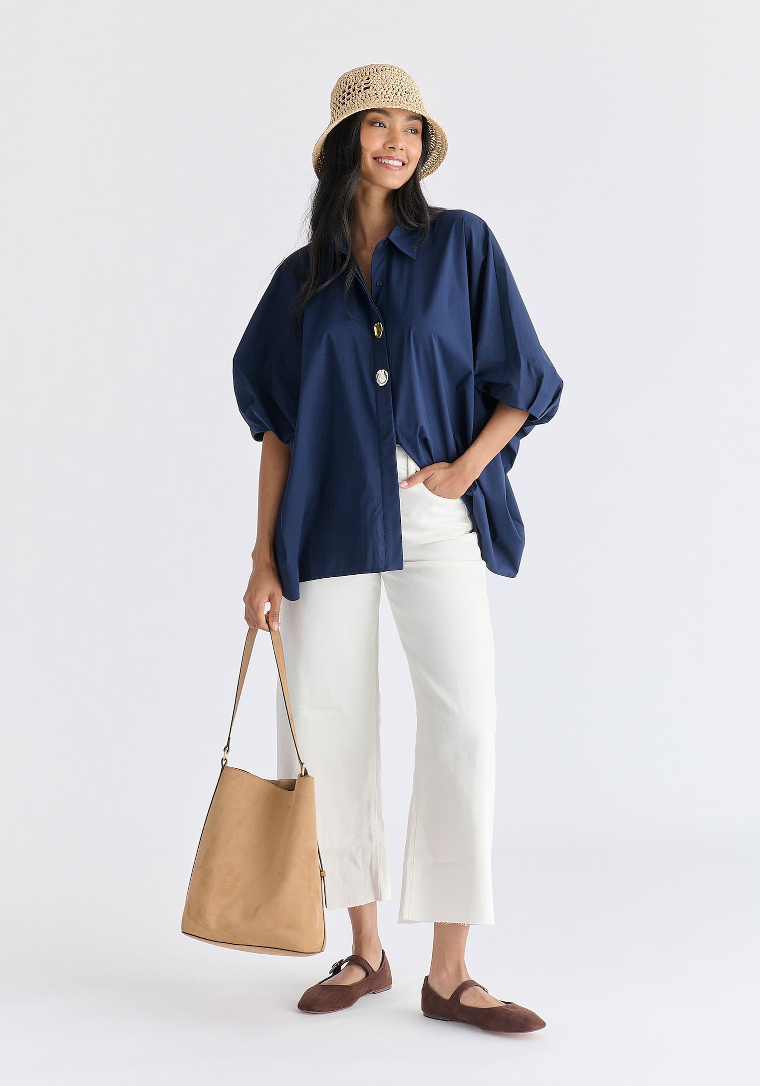 Metallic Button Details Oversized Blouse in Navy