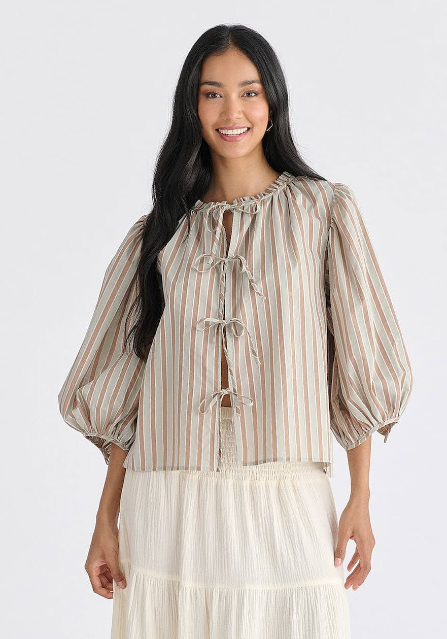 Tie Front Puff Sleeves Blouse in Taupe and Green