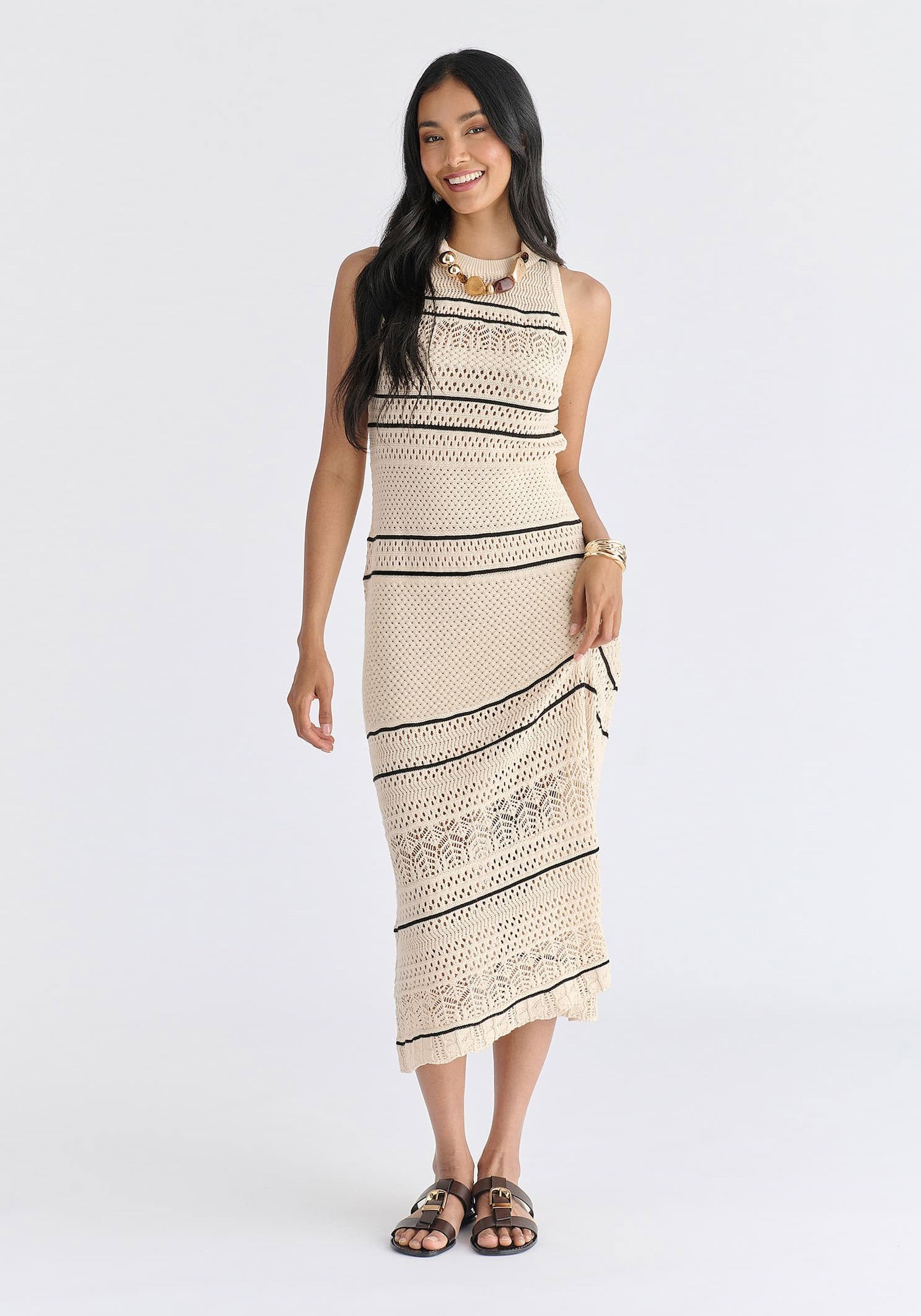 Contrast Detail Pointelle Knitted Dress in Cream