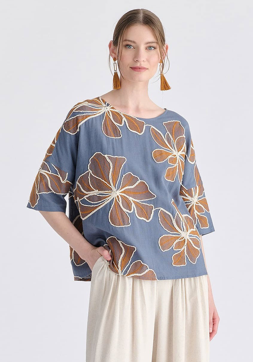 Floral Embroidered Relax Fit Top in Blue
