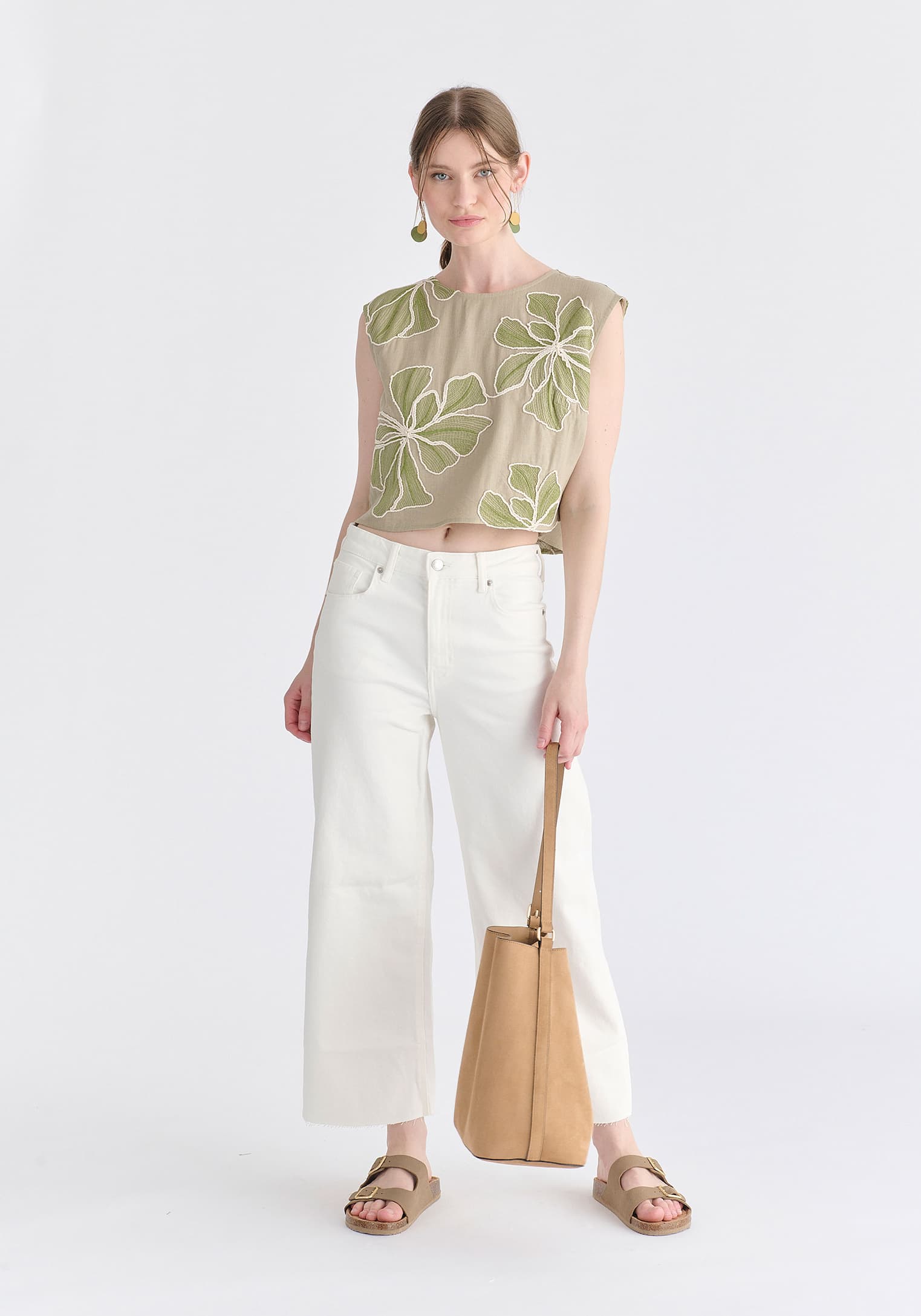 Floral Embroidered Cropped Top in Green