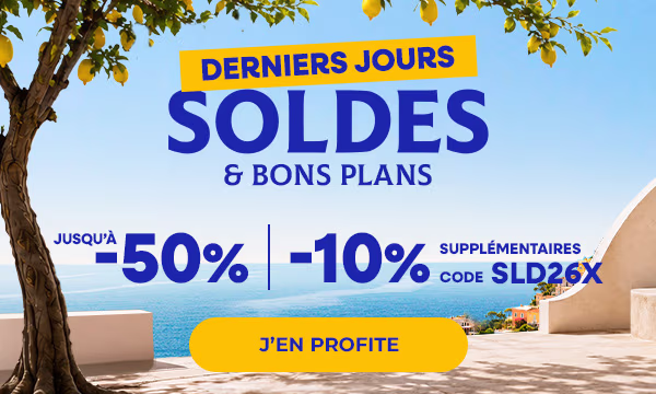 Derniers jours. Soldes & Bons Plans. Jusqu'à -50% et -10% supplémentaire avec le code SLD26X. J'en profite. 
