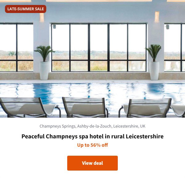 Peaceful Champneys spa hotel in rural Leicestershire