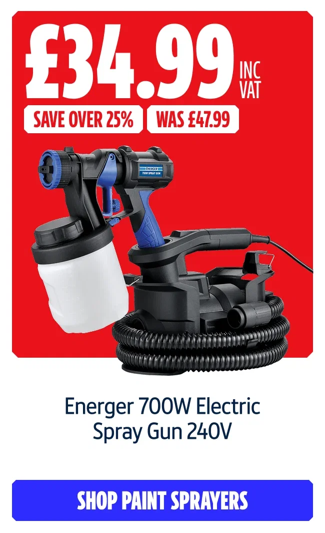 Save Over 25% on Energer 700W Electric Spray Gun 240V. NOW £34.99 inc VAT WAS £47.99. Shop Paint Sprayers.