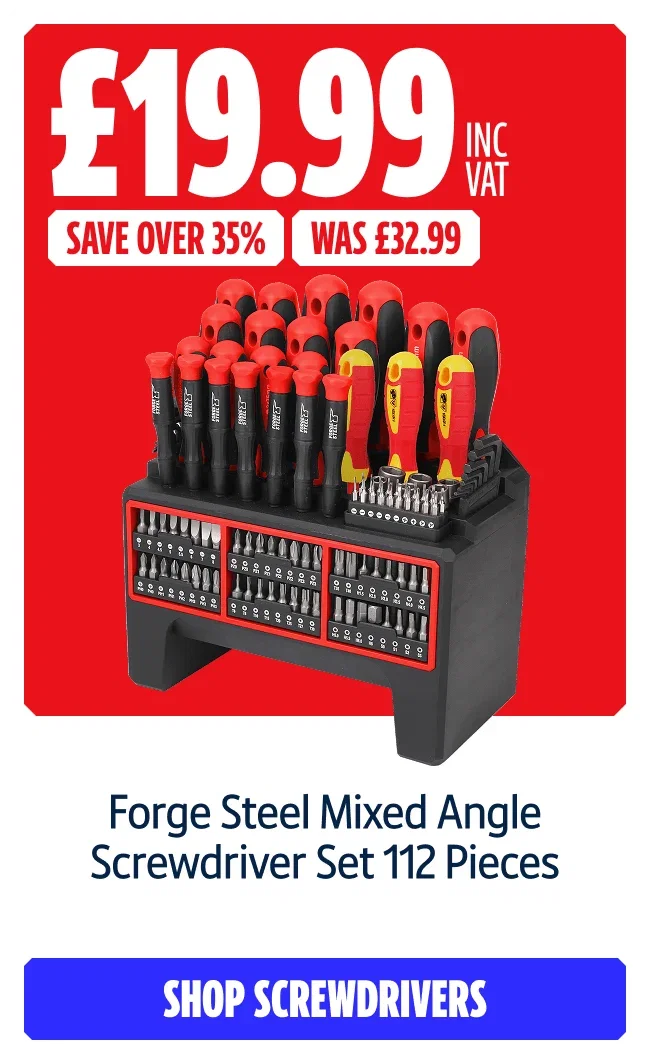 Save Over 35% on Forge Steel Mixed Angle Screwdriver Set 112 Pieces. NOW £19.99 inc VAT WAS £32.99. Shop Screwdrivers.