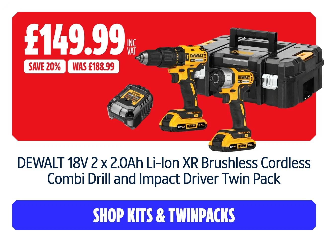 Save 20% on DEWALT 18V 2 x 2.0Ah Li-Ion XR Brushless Cordless Combi Drill and Impact Driver Twin Pack. Now £149.99 inc VAT Was £188.99.