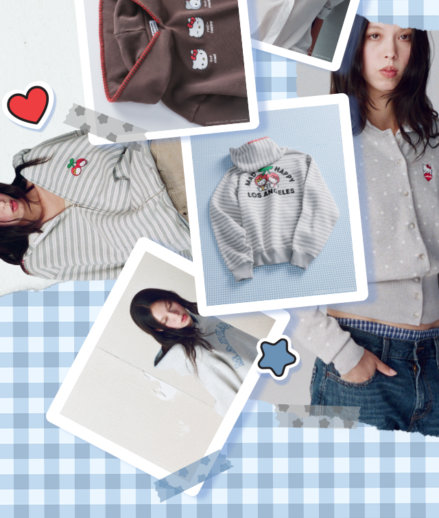 Madhappy x Hello Kitty | Lifestyle images of model in Madhappy collection with clip art.