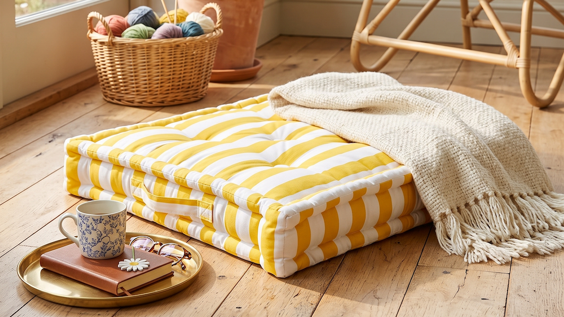 Bring classic style with this comfortable thick stripe floor cushion. With a carry handle and handmade 100% cotton cover, it is a decorative addition to your home.