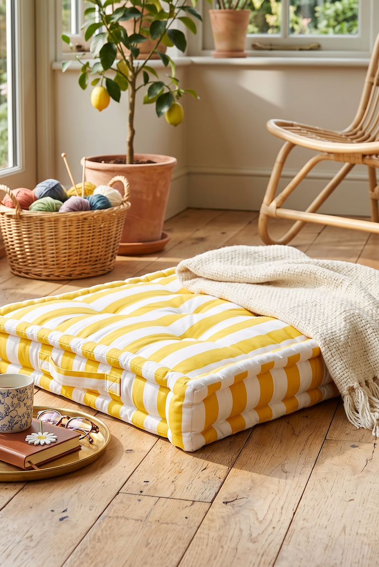Bring classic style with this comfortable thick stripe floor cushion. With a carry handle and handmade 100% cotton cover, it is a decorative addition to your home.