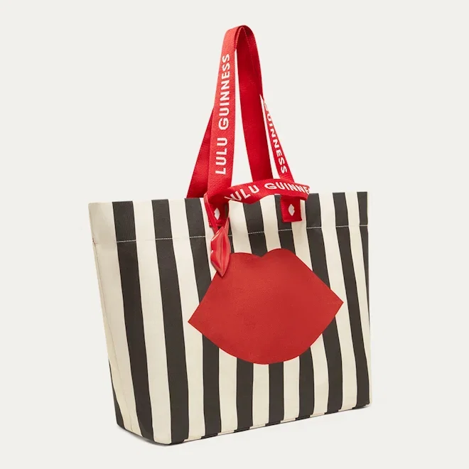 BLACK MULTI STRIPED LULU LIP SHOPPER TOTE BAG