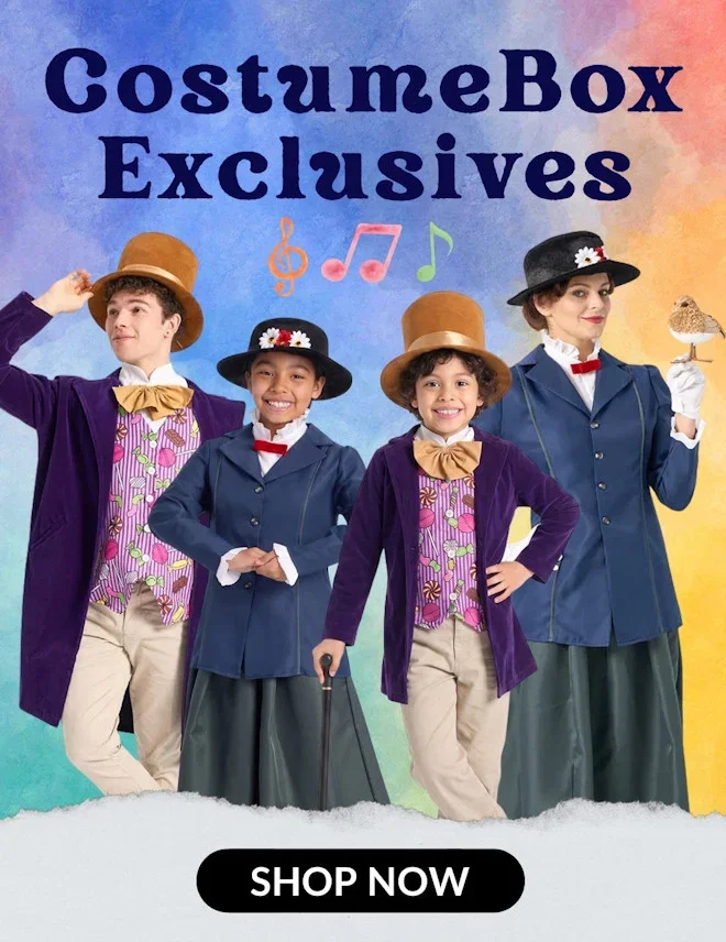 New CostumeBox Exclusive Costumes. The Musical Nanny and Chocolate Factory Owner. Click to shop.