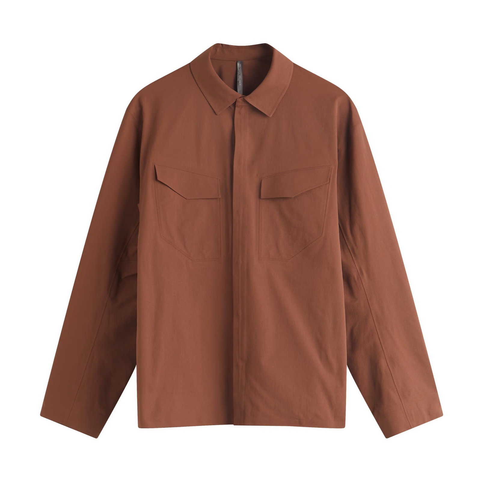 Men's brown collared overshirt with long sleeves and two chest flap pockets on white background