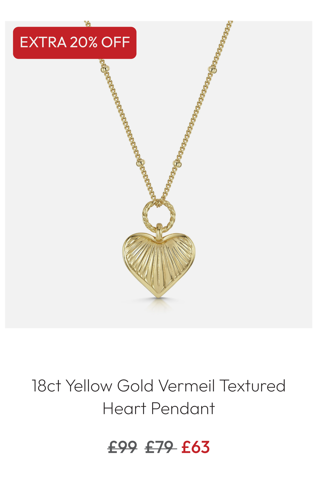 18ct Yellow Gold Vermeil Textured Heart Pendant