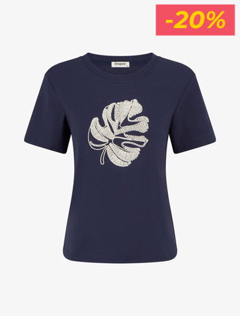 T-shirt uni à broderie feuille - Marine
