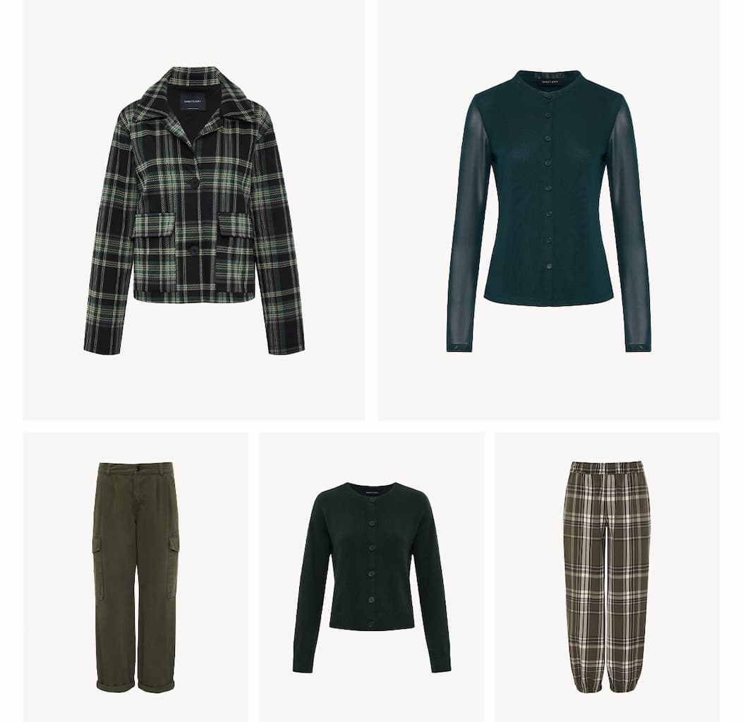 grid of utility styles plaid jacket, mesh cardi, reunion pants, plaid balloon pant