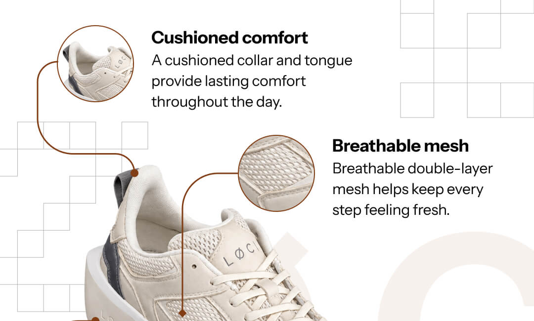 Cushioned comfort, breathable mesh.