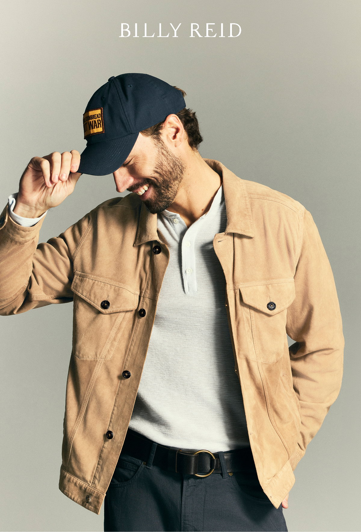 Model wears the suede tupelo trucker jacket