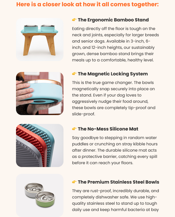 Here is a closer look at how it all comes together: The Ergonomic Bamboo Stand Eating directly off the floor is tough on the neck and joints, especially for larger breeds and senior dogs. Available in 3-inch, 6-inch, and 12-inch heights, our sustainably grown, dense bamboo stand brings their meals up to a comfortable, healthy level. The Magnetic Locking System This is the true game changer. The bowls magnetically snap securely into place on the stand. Even if your dog loves to aggressively nudge their food around, these bowls are completely tip-proof and slide-proof. The No-Mess Silicone Mat Say goodbye to stepping in random water puddles or crunching on stray kibble hours after dinner. The durable silicone mat acts as a protective barrier, catching every spill before it can reach your floors. The Premium Stainless Steel Bowls They are rust-proof, incredibly durable, and completely dishwasher safe. We use high-quality stainless steel to stand up to tough daily use and keep harmful bacteria at bay.