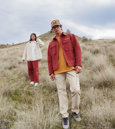 Collage of fall looks on men and women outdoors.