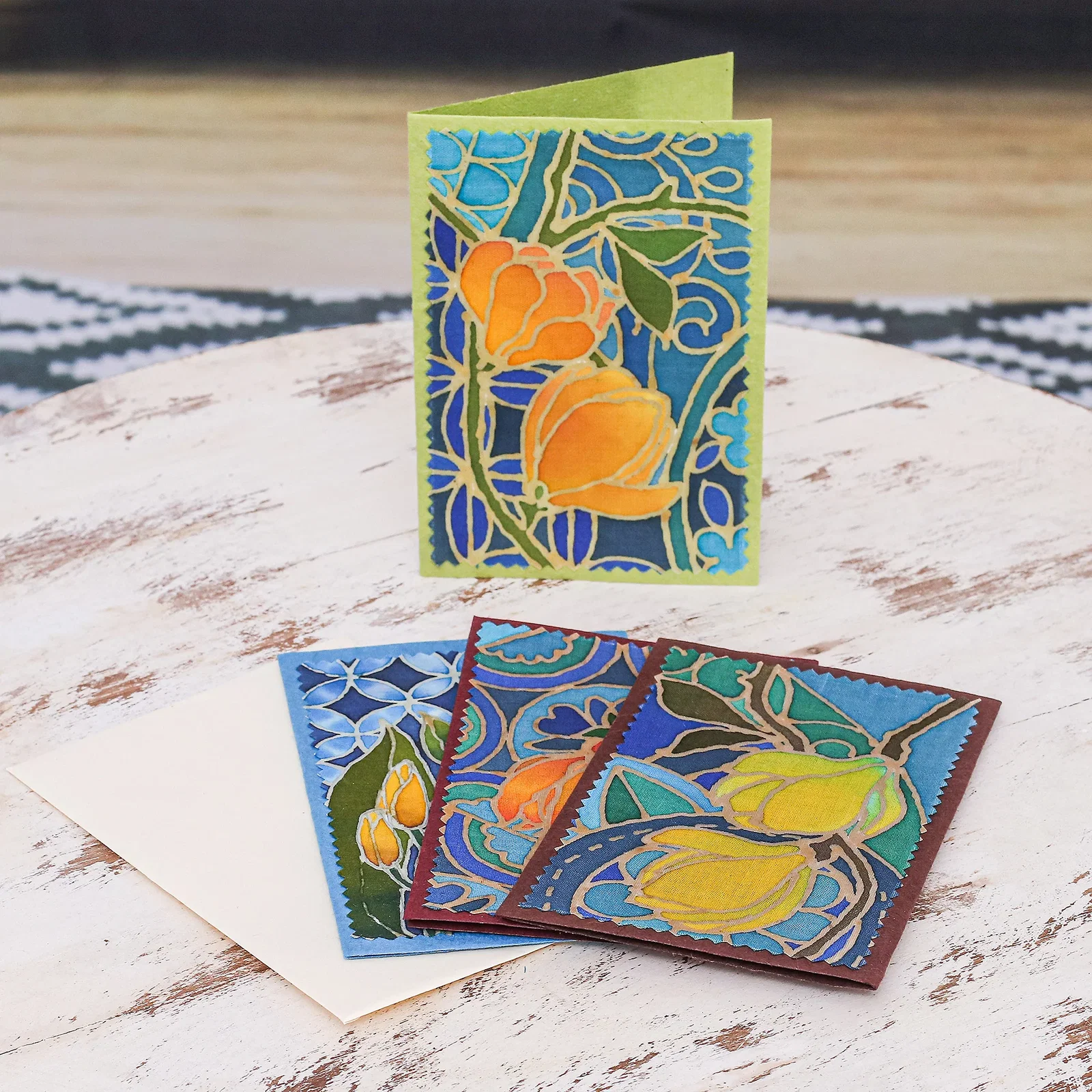 Image of Handcrafted Batik Floral Greeting Cards (Set of 4) - Flourishing Thailand