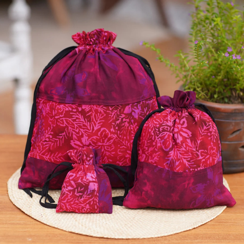 3 Upcycled Reusable Batik Drawstring Gift Pouches in Red - Cheerful Red