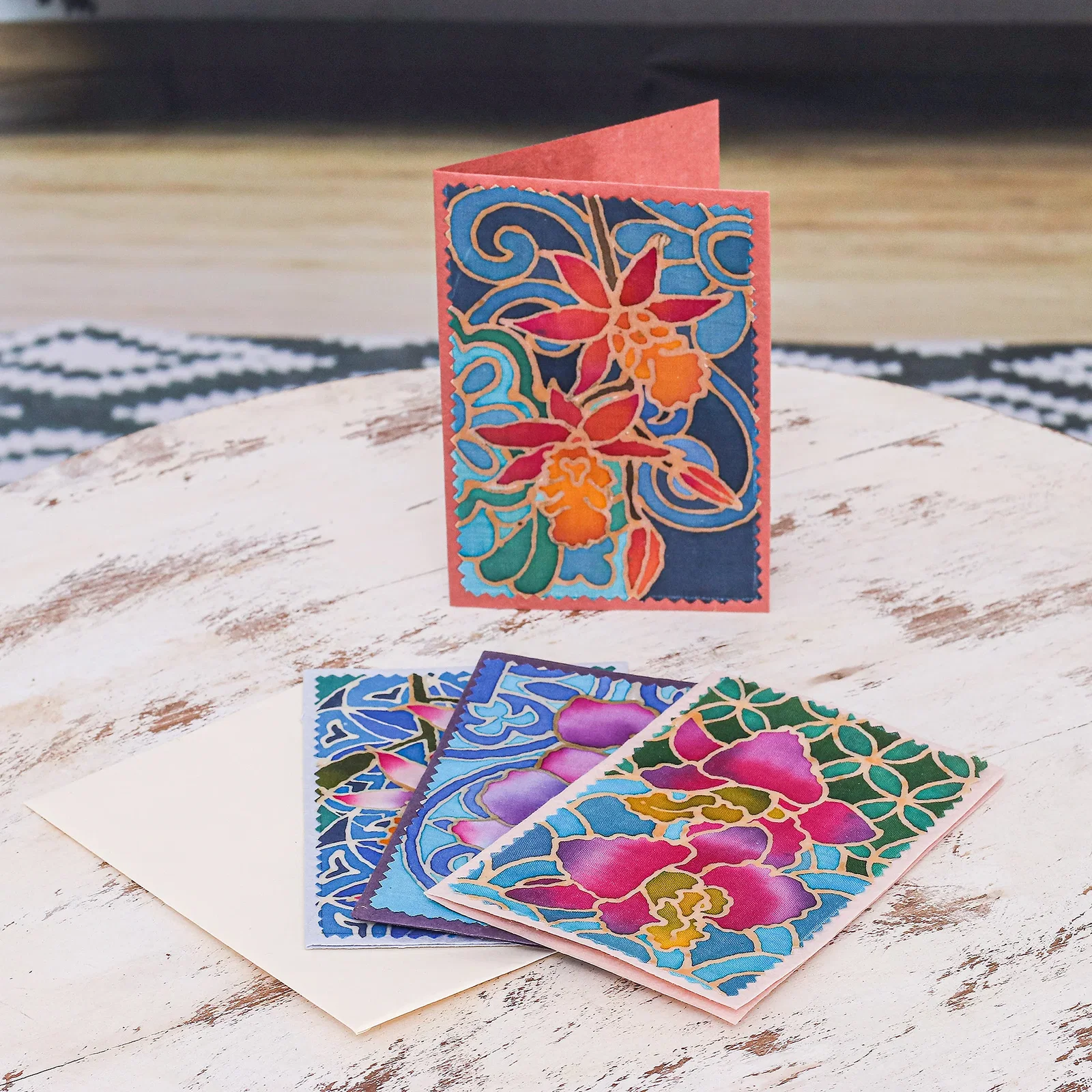 Image of Set of 4 Batik Cotton and Paper Orchid Greeting Cards - Intense Orchids
