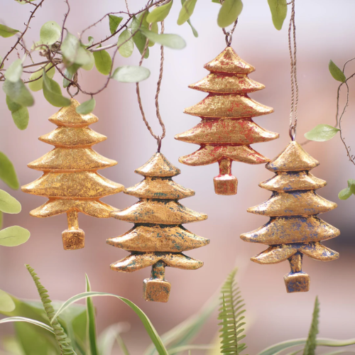Four Gold Tone Albesia Wood Tree Ornaments from Bali - Golden Trees